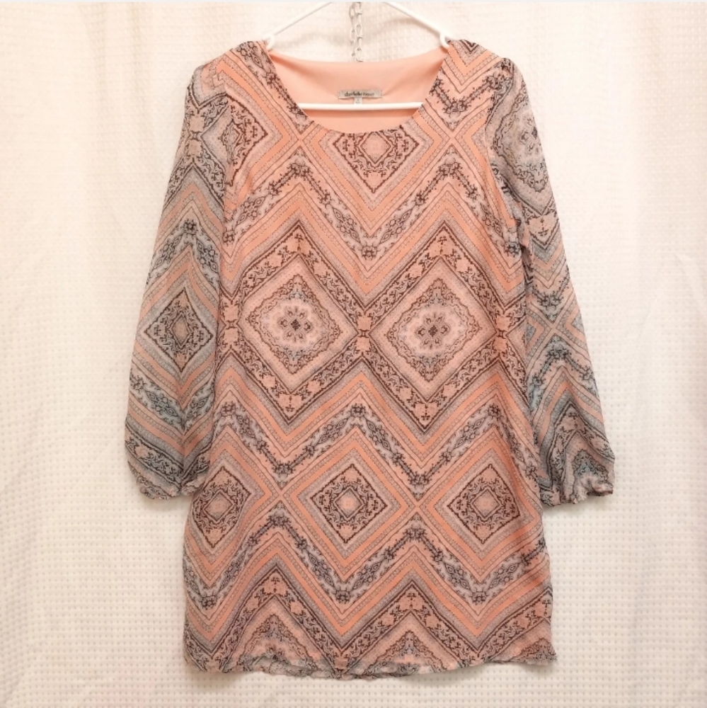 Sz Small CHARLOTTE RUSSE Pink Pattern Sheer Sleeve Sheer Overlay Shift Dress